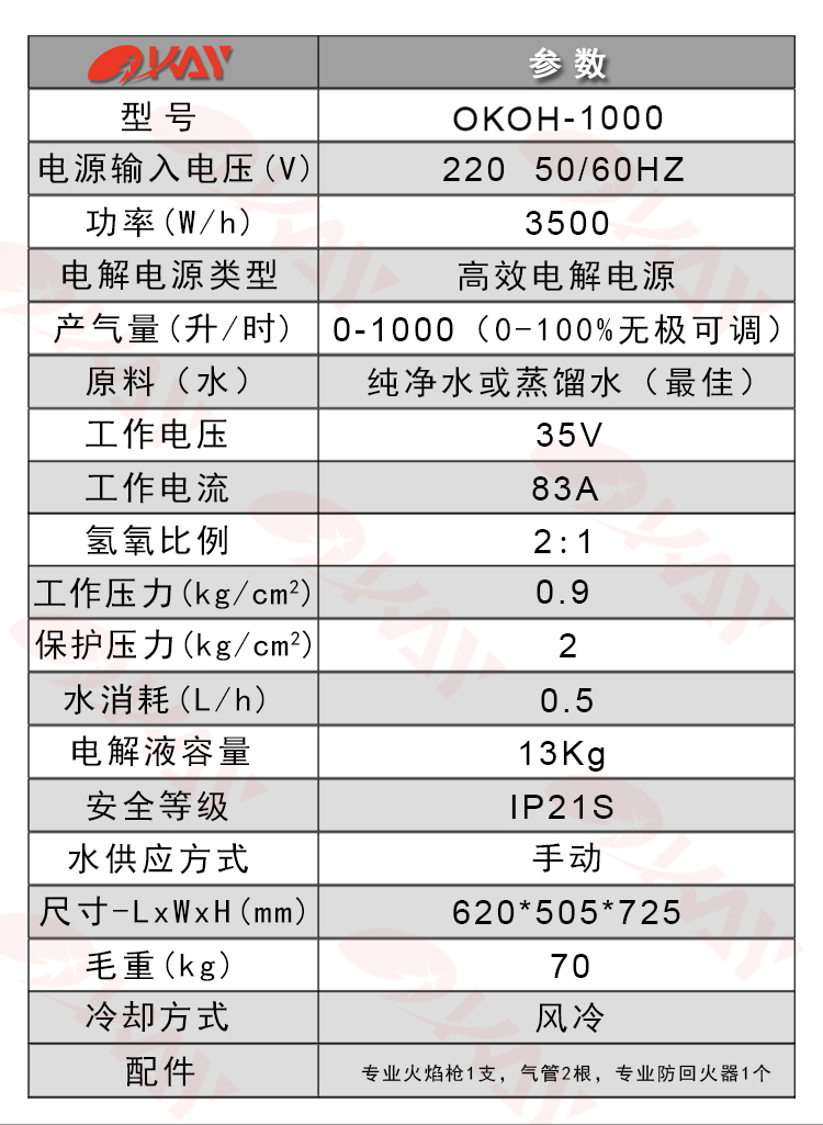 沃克能源氫氧機(jī)OH1000參數(shù)